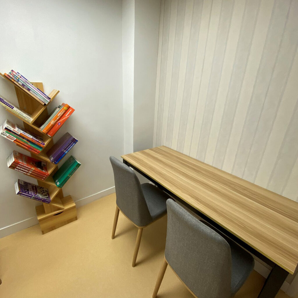 book shelf, table and chair